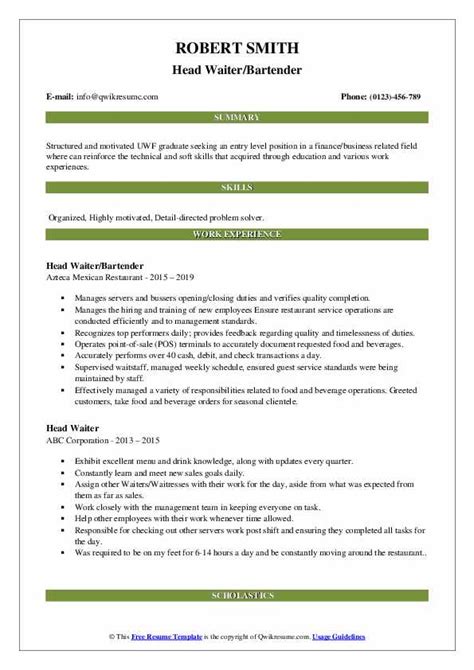 Head Waiter Resume Samples | QwikResume