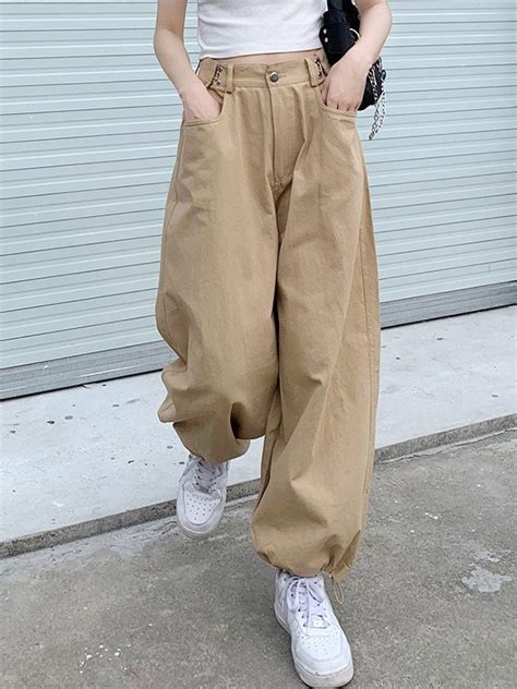 Emmiol Free Shipping Drawstring Cuff Baggy Cargo Pants Apricot L