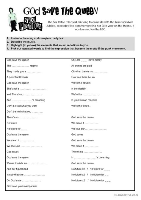 Sex Pistols Song And Nursery Rhym English ESL Worksheets Pdf Doc