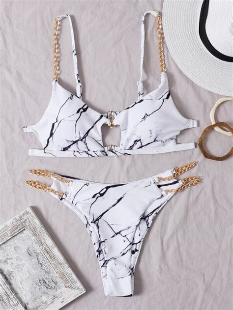 Shein Swim Vcay Marble Print Chain Linked Bikini Swimsuit Shein Usa