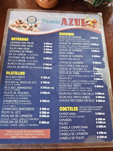 Menu at Mariscos Puerto Azul restaurant Mazatlán Malecón de Mazatlán S N