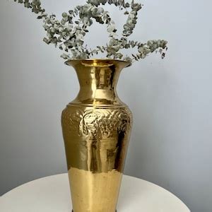 Vintage Large Gold Vase Solid Brass Vase Engraved Embossed Grape Vines ...