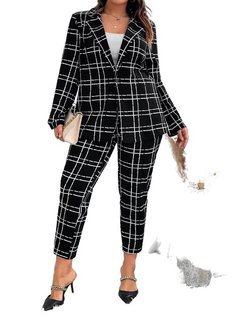 Elegant Plaid Print Lapel Blazer Long Sleeve Black Plus Size Suit Sets Womens