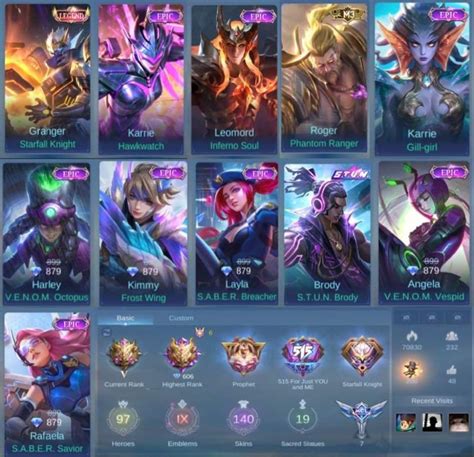 Mobile Legends Account 39 LEGEND GRANGER MAX EMBLEM MANY EPICS KARRIE