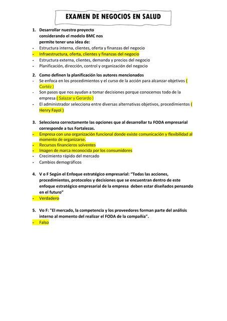 Examen De Negocios En Salud Nursing Apuntes Udocz