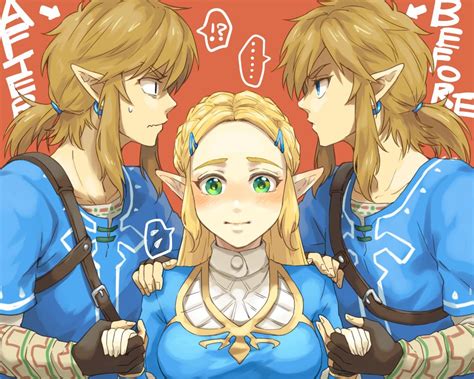 1girl 2boys Blondehair Blueeyes Blush Boysandwich Breasts Dualpersona Earrings Gloves Green