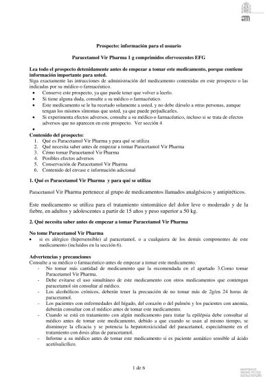 Prospecto información para el usuario Paracetamol Vir Pharma 1 g