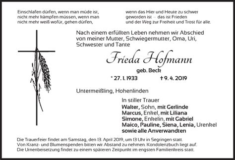 Traueranzeigen Von Rieda Hofmann Trauer Flz De