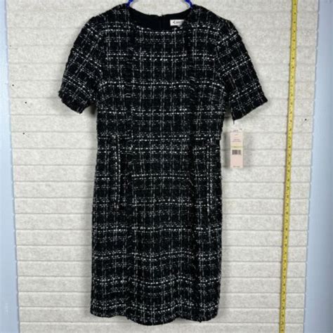 NEW Nanette Lepore Black Plaid Boucle Short Sleeve Midi Pencil Dress 4