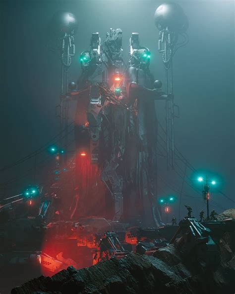 A Giant Robot Standing On Top Of A Pile Of Dirt Next To Green And Red