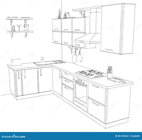 Sketch Drawing Of Modern Corner Kitchen Interior Black And White Stock