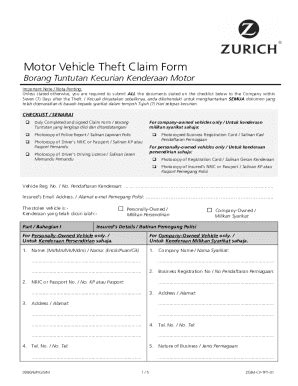 Fillable Online Motor Vehicle Theft Claim Form Zurich Malaysia Fax