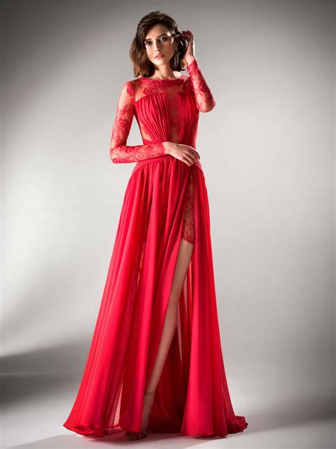 Long Sleeved Evening Dress With Slit