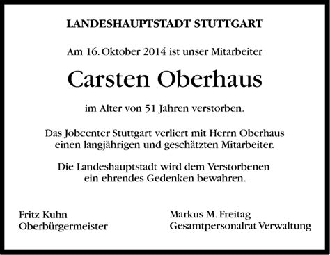 Traueranzeigen Von Carsten Oberhaus Stuttgart Gedenkt De