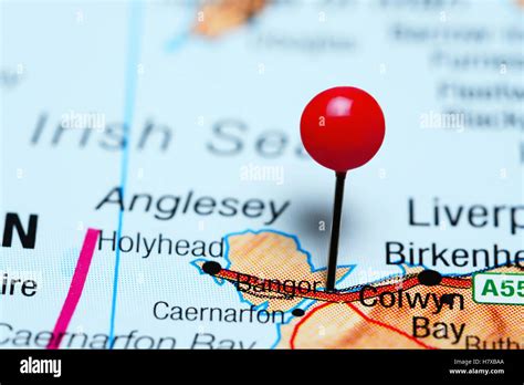 Bangor pinned on a map of Wales Stock Photo - Alamy