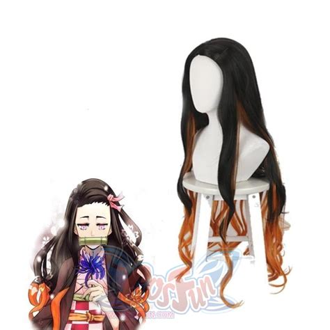 cosfun Kamado Nezuko Cosplay Wig With Hair Band and Bamboo Tube