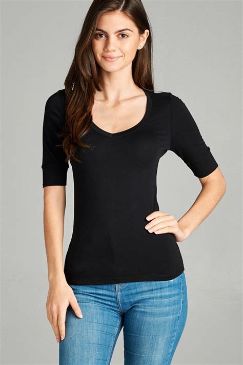 Womens Basic Elbow Sleeve V Neck Short Sleeve T Shirt Stretchy Top