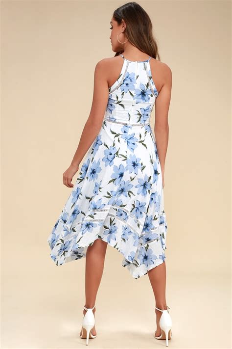 Lovely Blue And White Dress Floral Print Dress Midi Dress