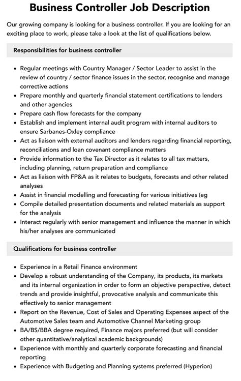 Business Controller Job Description Velvet Jobs