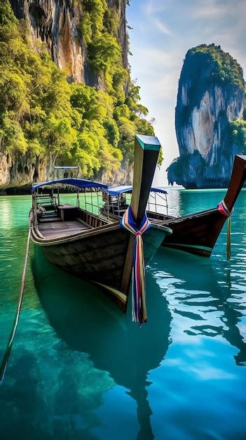 Premium AI Image Traditional Thai Longtail Boats In The Sea Krabi