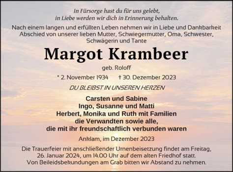 Traueranzeigen Von Margot Krambeer Trauer Nordkurier