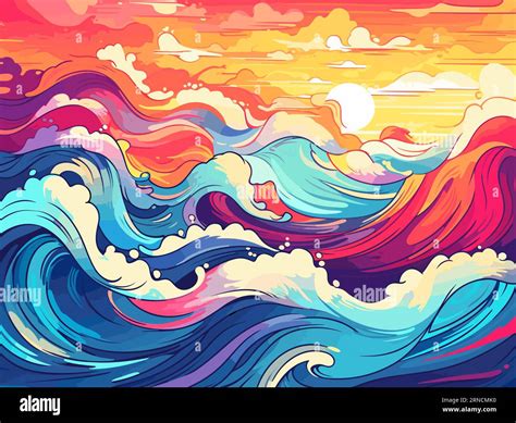 An Illustration Of A Colorful Wave At Sunset In The Style Of Lively