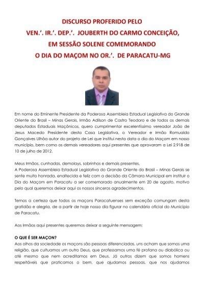 Discurso Proferido Pelo Ven Ir Dep Pael Gob Mg