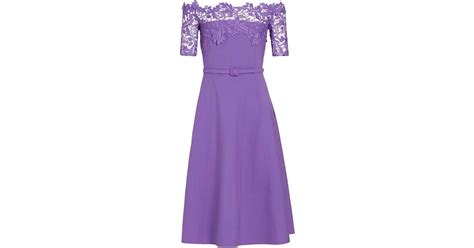 Oscar De La Renta Off The Shoulder Wool Lace Midi Dress In Purple Lyst