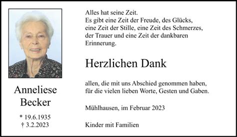 Traueranzeigen Von Anneliese Becker Mittelbayerische Trauer