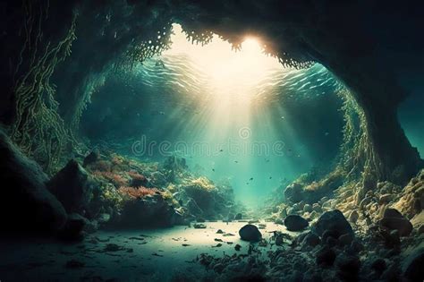 Dark Mysterious Underwater Cave Diving To Bottom of Ocean Stock ...