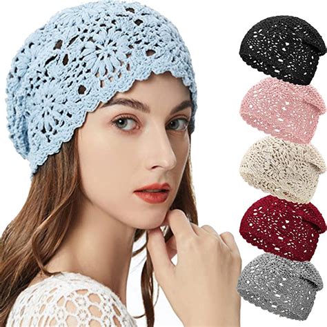 Crochet Slouchy Beanie Hat Fall Handmade Knit Floral Skull Cap Cotton