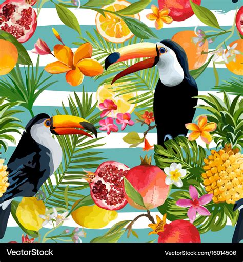 Seamless Tropical Fruits And Toucan Pattern Vector Image