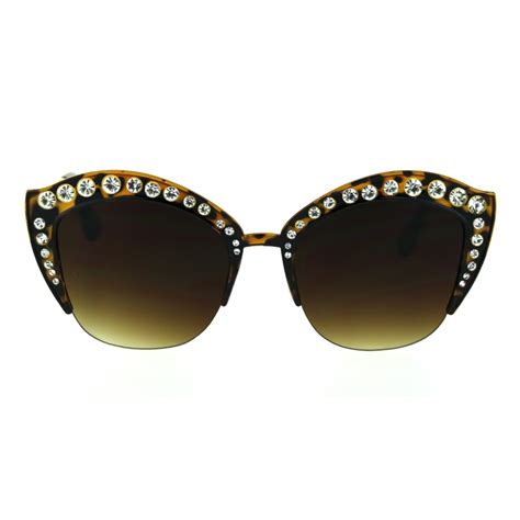 Sa106 Womens Large Rhinestone Iced Out Half Rim Cat Eye Plastic Sunglasses Tortoise Brown