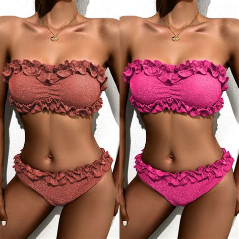 Custom Ruffle Sexy Bandeau Bikini Set Luxury Swimsuit Women Swimwear