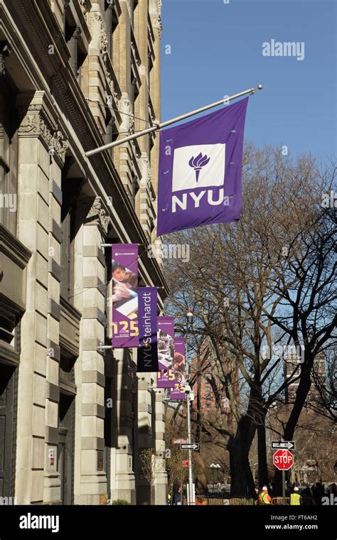 New York University buildings with the purple NYU logo flag hanging ...