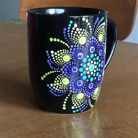 Coffee Cup Mug Dot Mandala Oz Hand Painted Blue Green Etsy