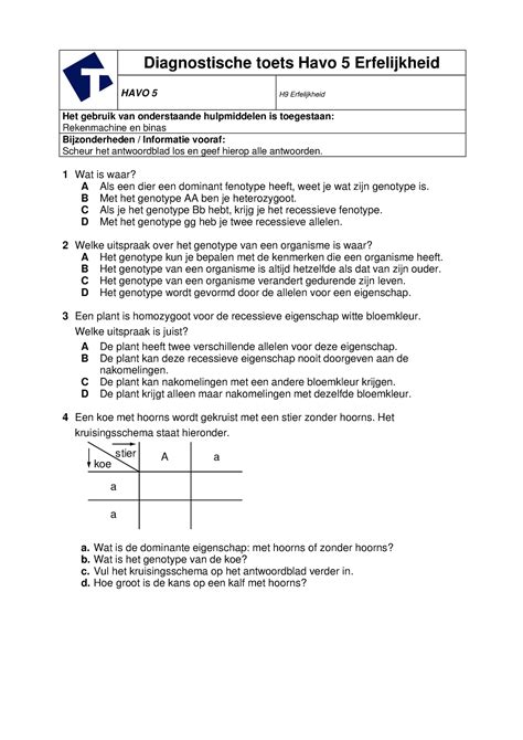 Diagnostische Toets Erfelijkheid Diagnostische Toets Havo 5