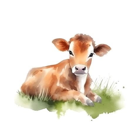 Premium AI Image | Calf baby cow in green grass on a white background ...