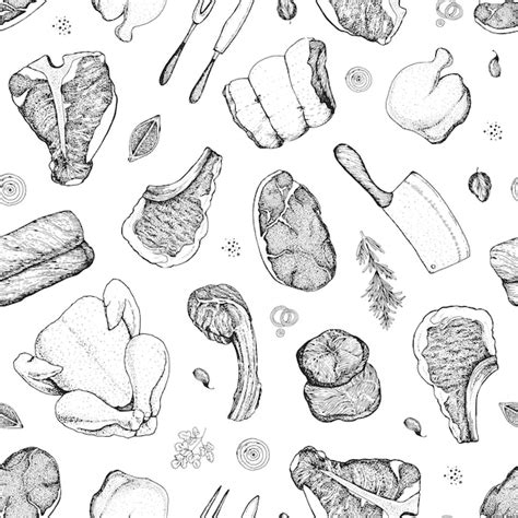 Premium Vector Meat Seamless Pattern Hand Drawn Vector Illustration