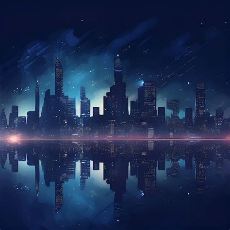 Ciudad Nocturna Con Rascacielos Y Reflejo En El Agua Ilustraci N