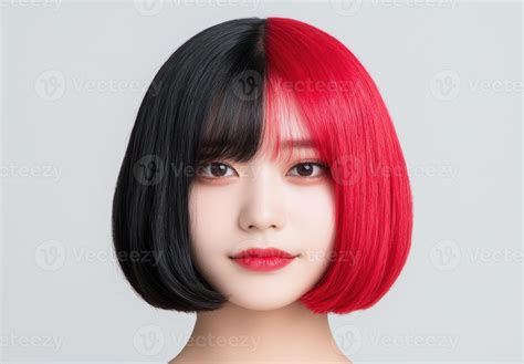 Portrait of a woman with red lipstick and half red, half black hair