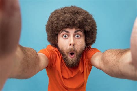 Excited Crazy Man Showing Rock And Roll Gesture Taking Selfie Point Of View Photo Stock Image