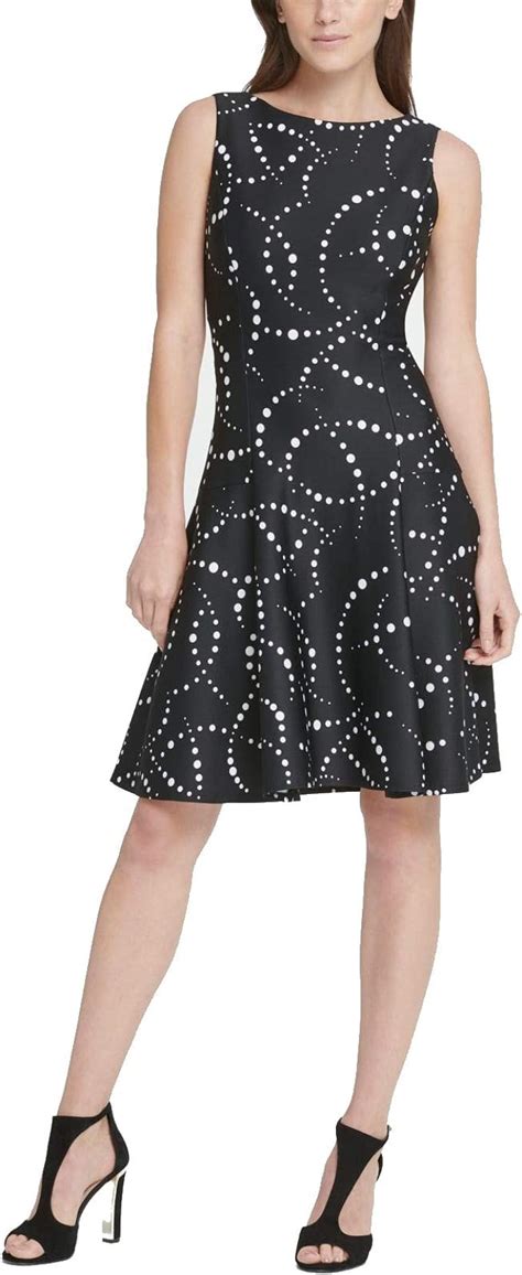 Dkny Womens Black Polka Dot Sleeveless Jewel Neck Knee Length Fit