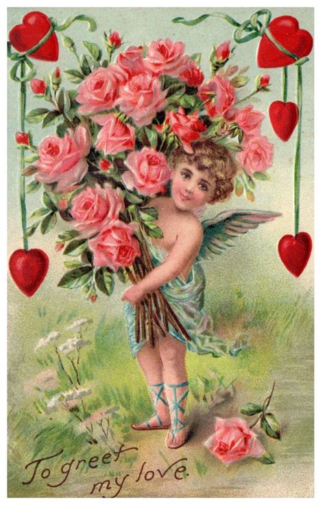 Valentine Cupid With Pink Roses Valentine Postcards Roses