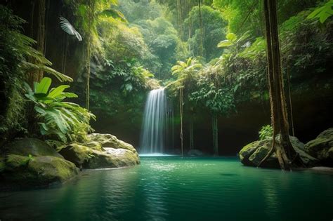 Premium AI Image Waterfall In A Tropical Jungle Generative Ai