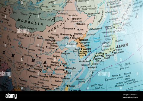 East Asia map on a globe focused on Japan, North and South Korea Stock ...