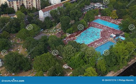 Crowded Public Swimming Pool City Berlin Fantastic Aerial Top View