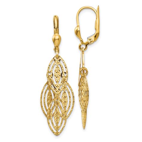 14k Yellow Gold Textured Drop Dangle Chandelier Leverback Earrings