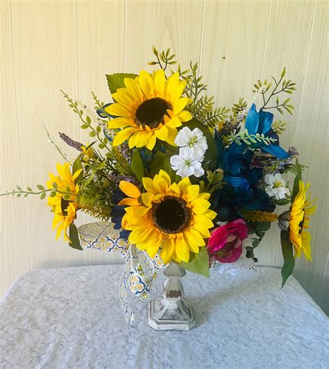 Sunflower Table Arrangement Floral Candlestick Arrangement Farmhouse