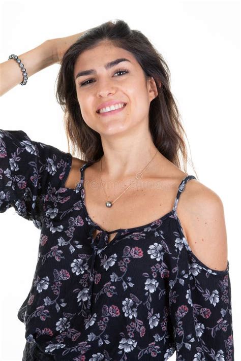 Cute Beauty Brunette Woman Slim Portrait 20 Hand On Head Hairs In Closeup Stock Photo Image Of